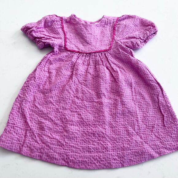 ZARA Girls Hot Pink Crinkled Puff Sleeve Lace Trim Dress | Size 4-5 Years - Picture 1 of 6